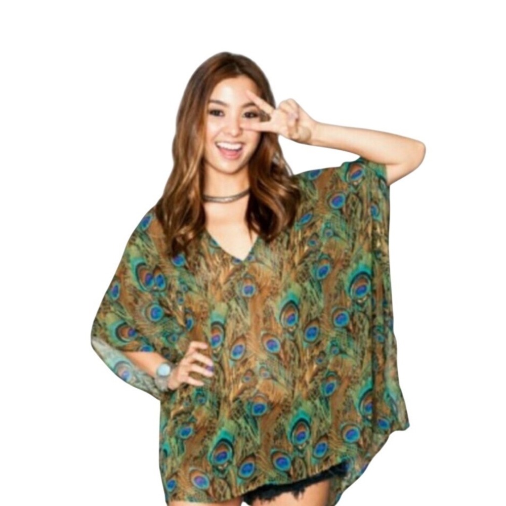 Show Me Your Mumu Peacock Feather Sheer Cover Up Kimono Tunic Size S Boho Resort